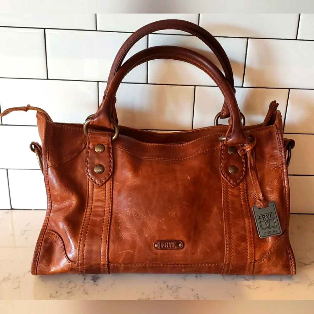 Frye Melissa Satchel Crossbody Bag Distressed Leather Cognac